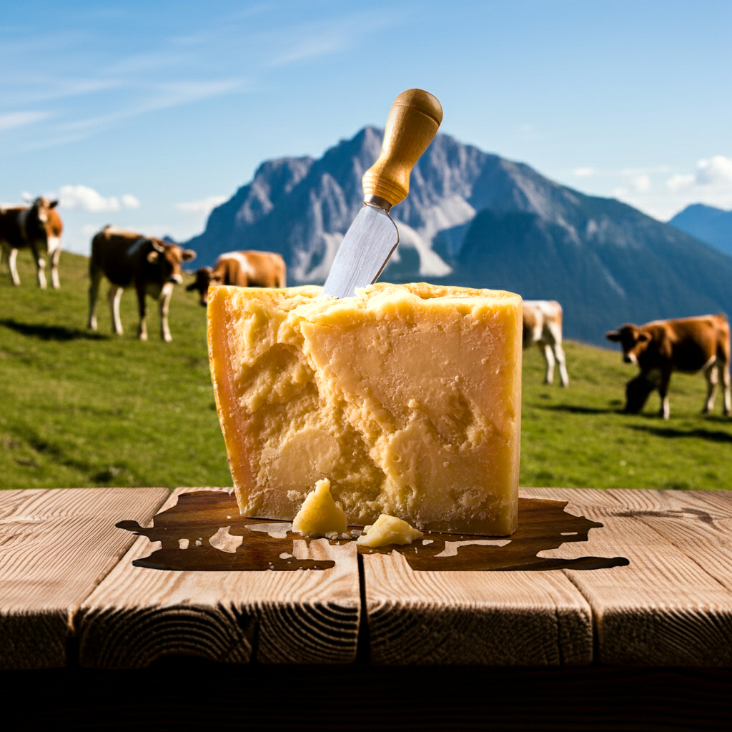 Pezzo di Parmigiano Reggiano su tavolo in montagna