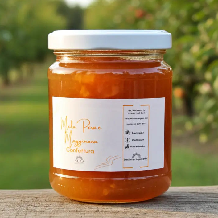 Vaso di vetro da 250 gr di confettura di pera, mela e maggiorana con gusto morbido e aroma fresco, ideale per abbinamenti dolci e salati.